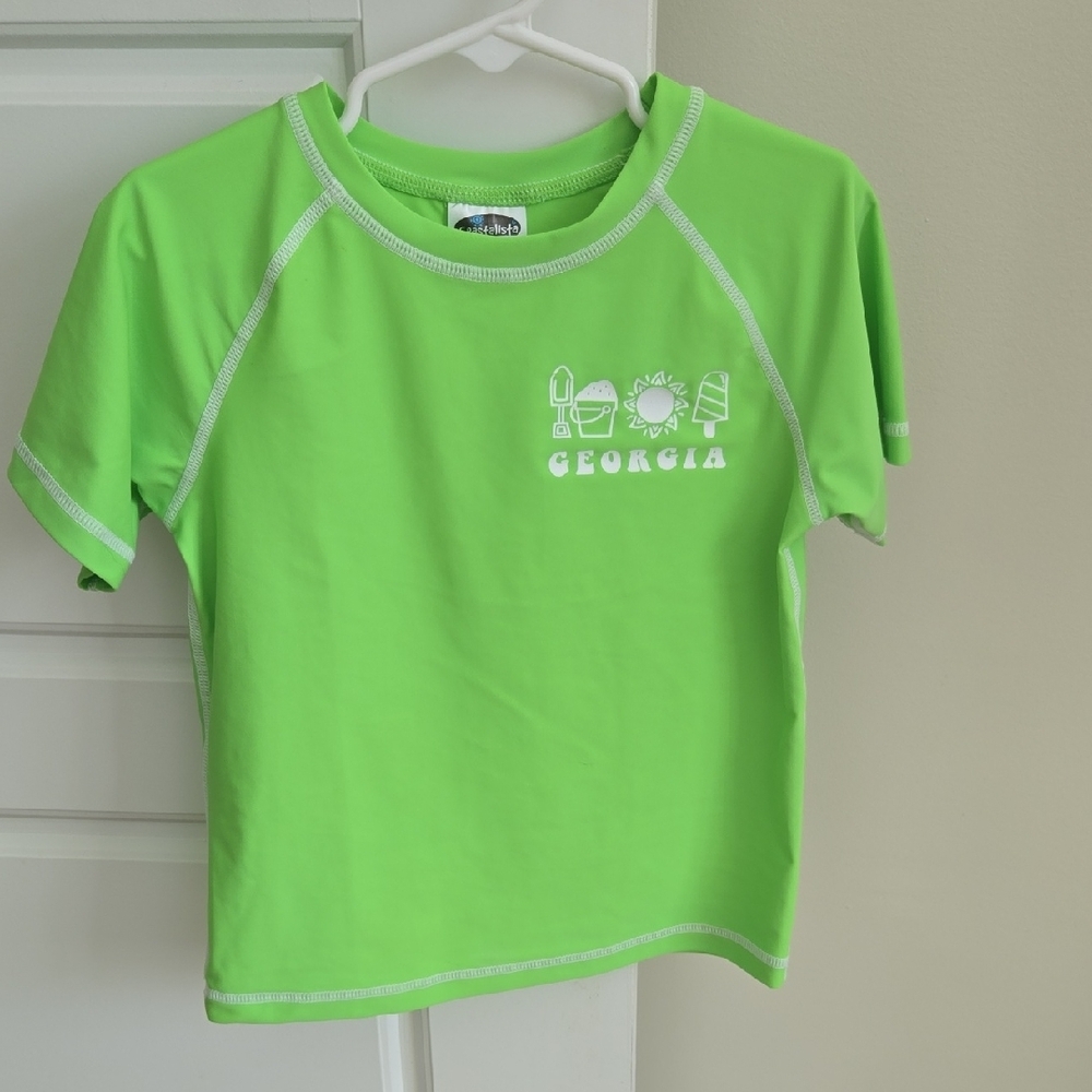 Green and White Swim Rashguard with Short Sleeves